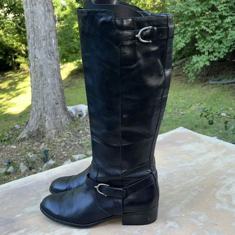 Lauren Ralph Lauren Margarite Black Leather Knee High Riding Boots 8B Buckle Zip